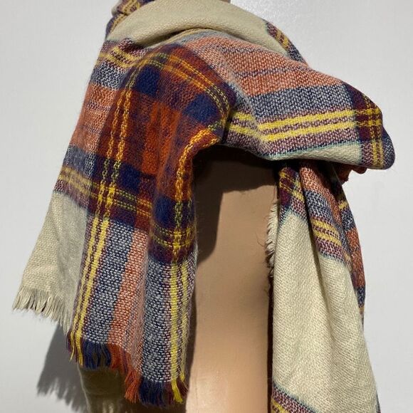 Unisex Multicolor Plaid Rectangular Print Fringe Trim Cream Scarf 28x78 - Picture 6 of 6